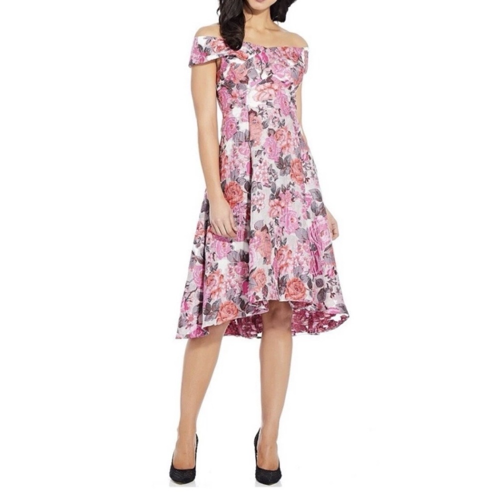 Adrianna Papell Pink Floral Off-Shoulder Midi Dress
